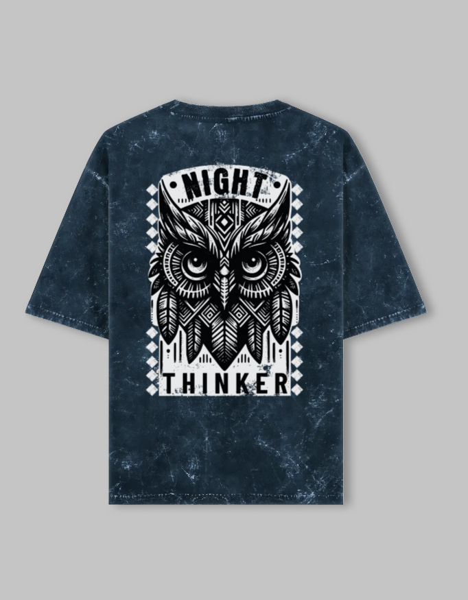 Night Thinker Unisex Acid Washed Oversized Printed T-Shirt - Image 3